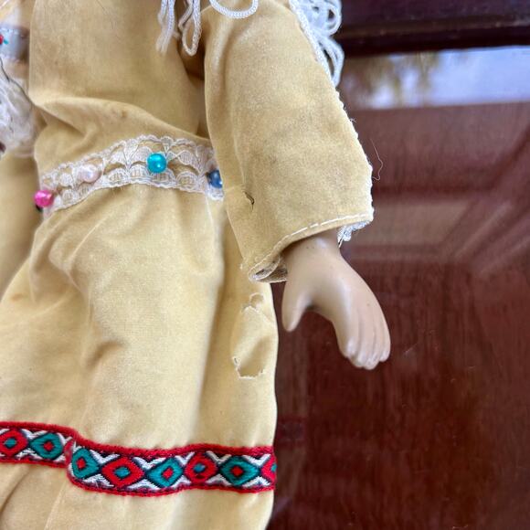 Vintage Porcelain Native American-Inspired Doll with Braids and Beaded Outfit - Picture 3 of 12